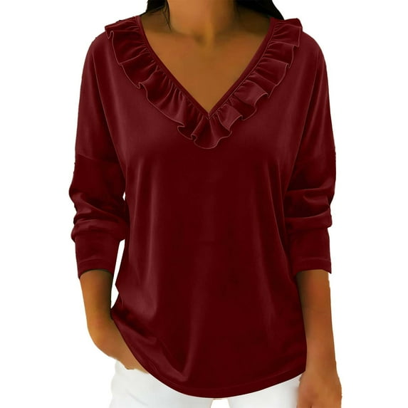BLVB Women's Velvet Tops Long Sleeve Ruffle V Neck Blouse Spring Fall Trendy Party Holiday Shirts