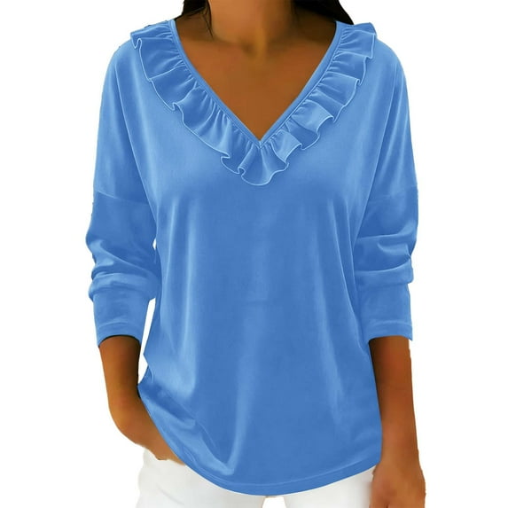 BLVB Women's Velvet Tops Long Sleeve Ruffle V Neck Blouse Spring Fall Trendy Party Holiday Shirts