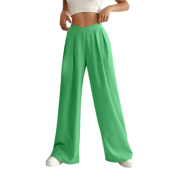 BLVB Women's Wide Leg Casual Loose Pants Beach Pants Comfy Crossover High Waisted Palazzo Lounge Pants Trousers