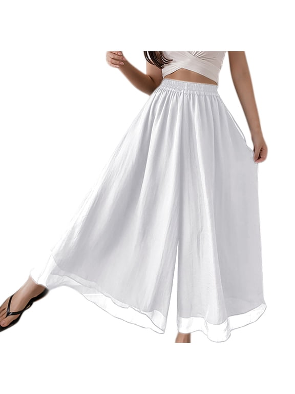 Women's Wide Leg Palazzo Pants Chiffon Flowy Loose Party Wedding Dressy Casual Trousers Summer Boho Beach Vacation Culottes