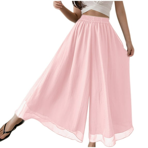 BLVB Women's Wide Leg Palazzo Pants Chiffon Flowy Loose Party Wedding Dressy Casual Trousers Summer Boho Beach Vacation Culottes