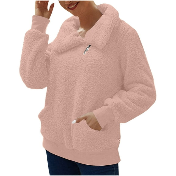 BLVB Women's Winter Cozy Fuzzy Fleece Sweatshirts Lapel Zipper Warm Pullover Plush Outerwear Jackets with Pockets