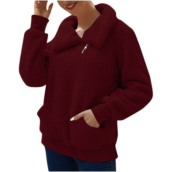 BLVB Women's Winter Cozy Fuzzy Fleece Sweatshirts Lapel Zipper Warm Pullover Plush Outerwear Jackets with Pockets