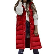 BLVB Women's Winter Hooded Long Down Vest Full-Zip Sleeveless Puffer Vest Fashionable Coats Jacket Outerwear with Pockets