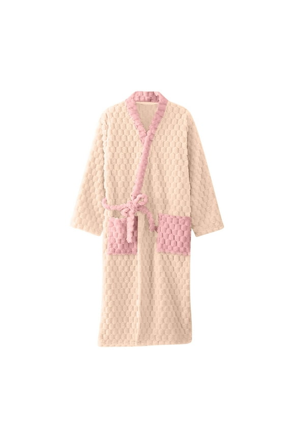Women's Winter Plush Fleece Robe Cozy Fuzzy Thicked Warm Bathrobe Solid Color Pajamas Sleepwear with Pockets