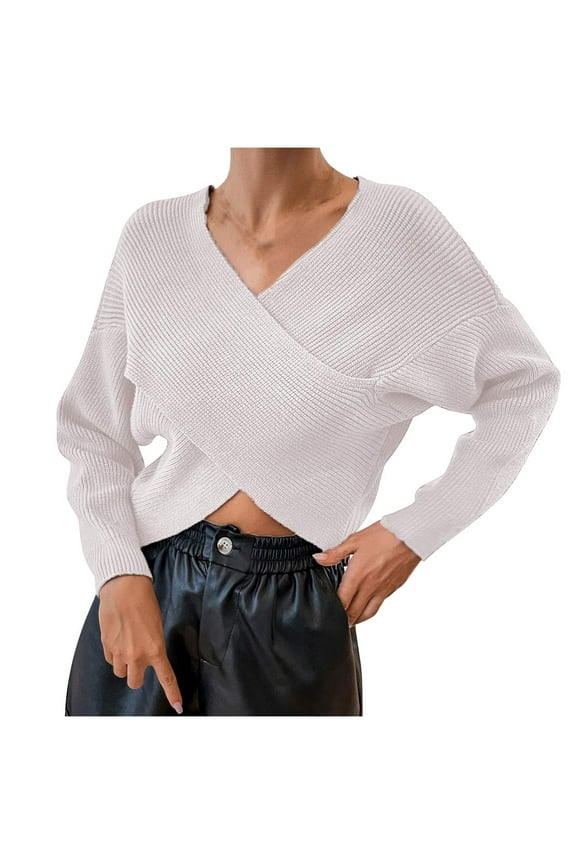 Women's Wrap V Neck Cropped Sweaters Fall Fashion Long Sleeve Cross Front Solid Color Knitted Pullover Tops