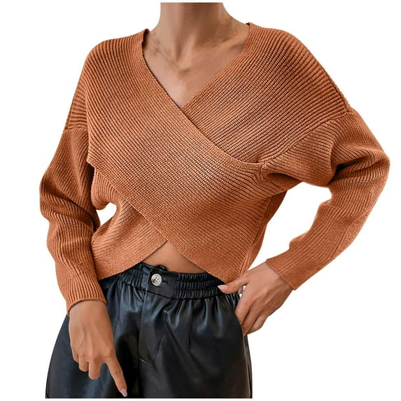 BLVB Women's Wrap V Neck Cropped Sweaters Fall Fashion Long Sleeve Cross Front Solid Color Knitted Pullover Tops