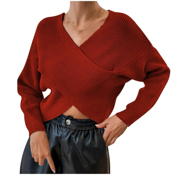 BLVB Women's Wrap V Neck Cropped Sweaters Fall Fashion Long Sleeve Cross Front Solid Color Knitted Pullover Tops