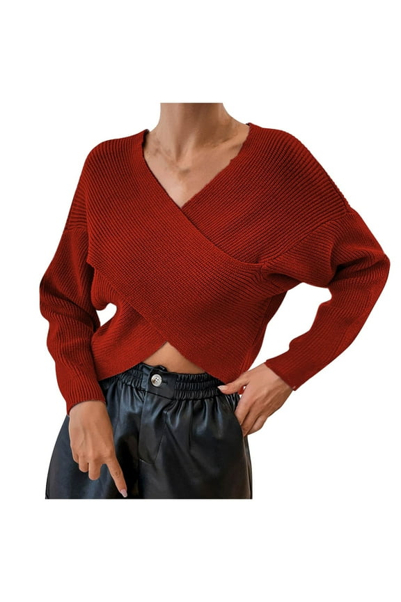 Women's Wrap V Neck Cropped Sweaters Fall Fashion Long Sleeve Cross Front Solid Color Knitted Pullover Tops