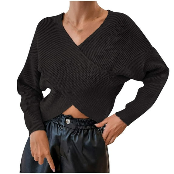 BLVB Women's Wrap V Neck Cropped Sweaters Fall Fashion Long Sleeve Cross Front Solid Color Knitted Pullover Tops