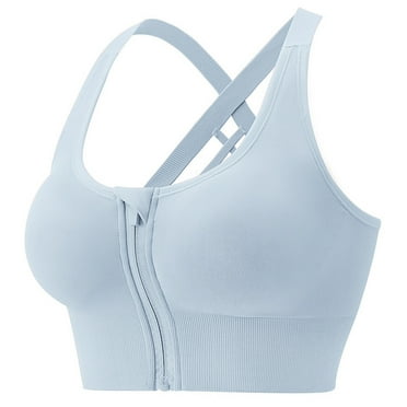 BLVB Women's Zip Front Closure Sports Bra - Seamless Wirefree Padded Corssover Back High Impact Workout Gym Yoga Bras Blue