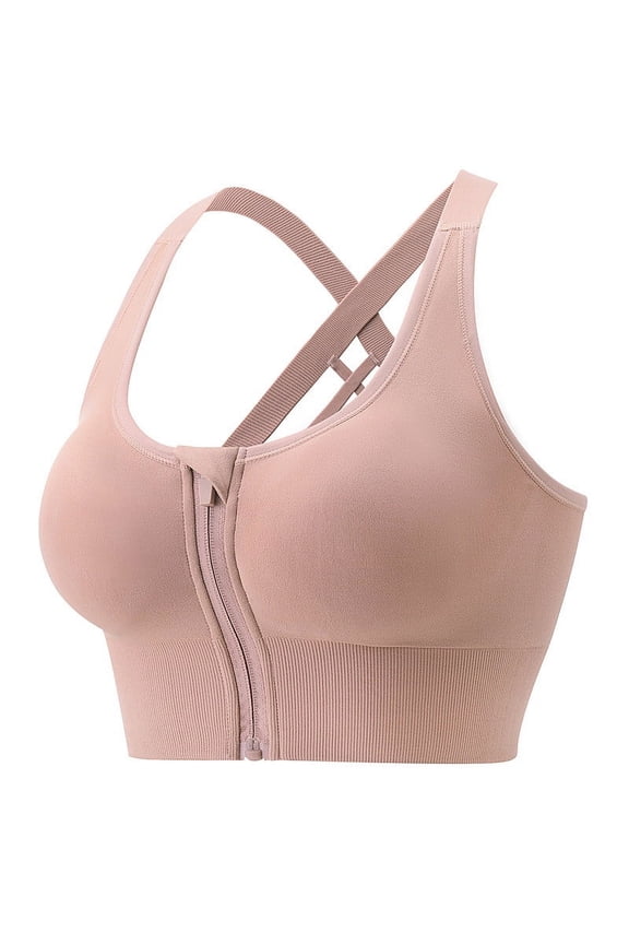 Women's Zip Front Closure Sports Bra - Seamless Wirefree Padded Corssover Back High Impact Workout Gym Yoga Bras Pink