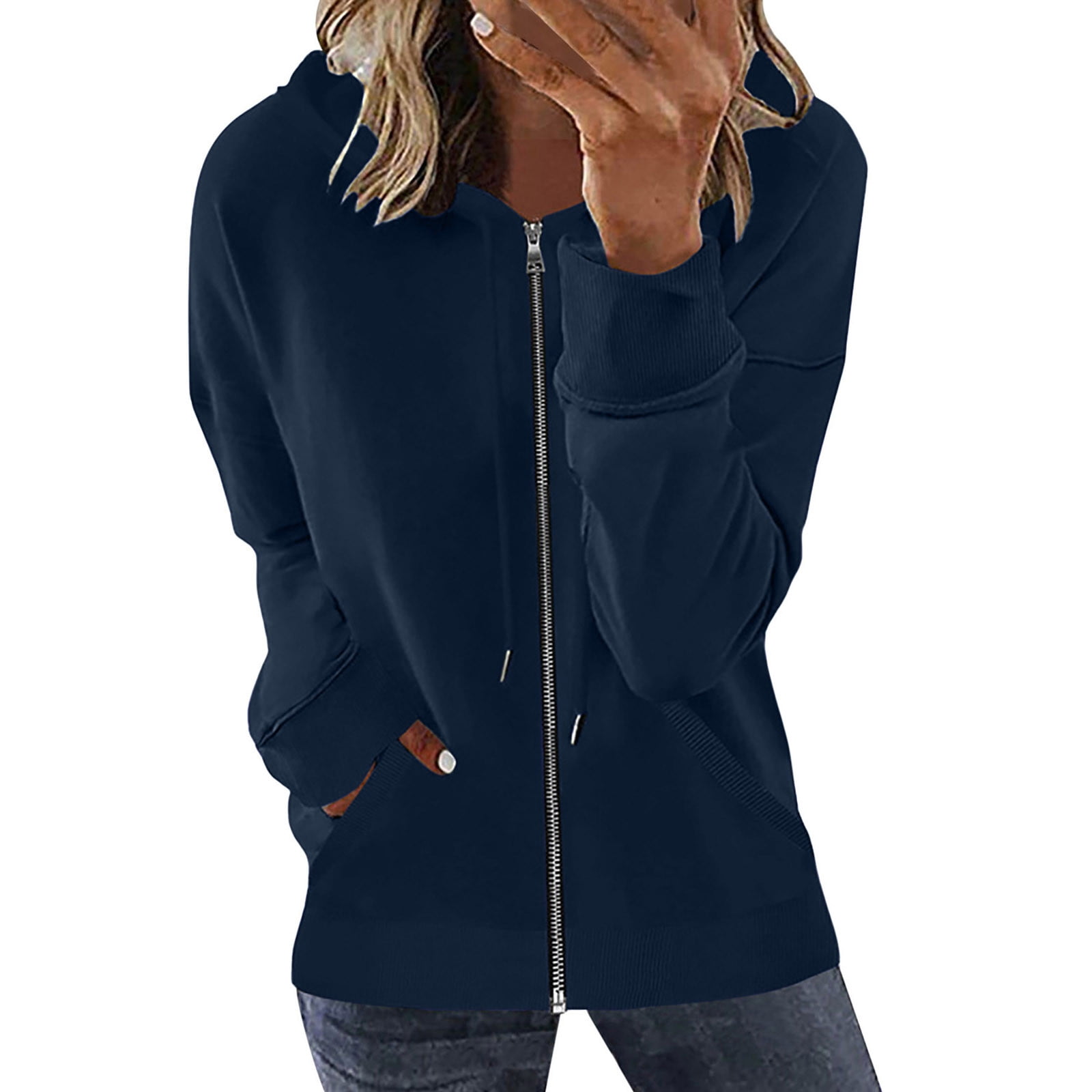 BLVB Women s Zip Up Hoodies Teen Girls Casual Solid Sweatshirt Fall Clothing Casual Drawstring Jacket with Pockets Navy A2
