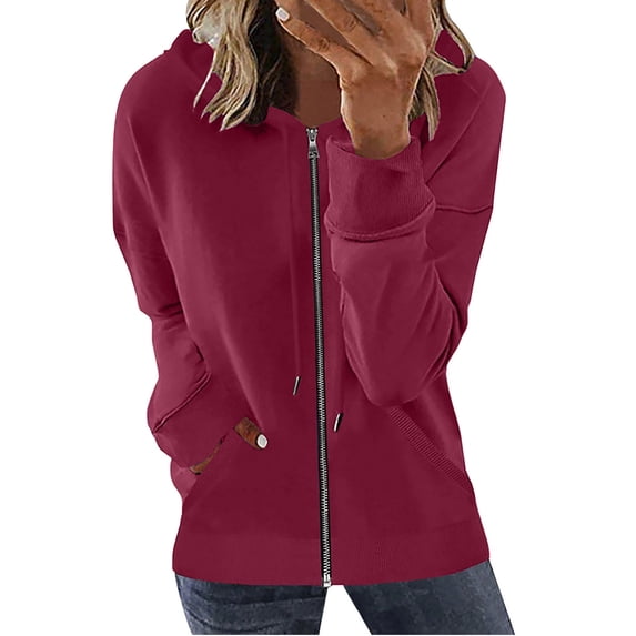 BLVB Women's Zip Up Hoodies Teen Girls Casual Solid Sweatshirt Fall Clothing Casual Drawstring Jacket with Pockets Wine
