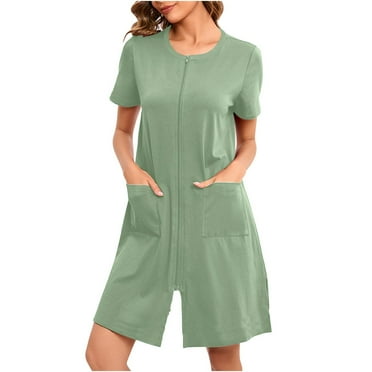 BLVB Women's Zip up Housecoat Zipper Front Robe Lightweight Bathrobe Short Sleeve Loungewear Nightgowns with Pockets S-XXL