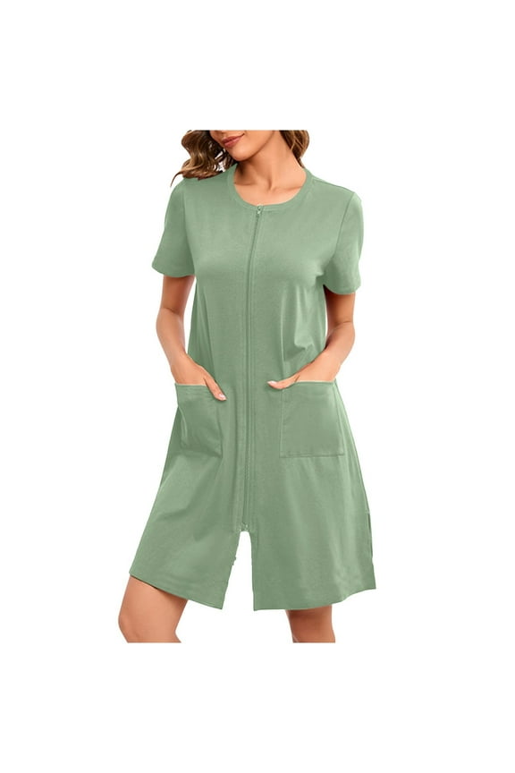 Women's Zip up Housecoat Zipper Front Robe Lightweight Bathrobe Short Sleeve Loungewear Nightgowns with Pockets S-XXL