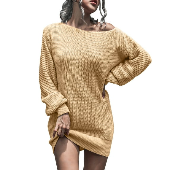 BLVB Women's off the Shoulder Sweater Dress Fall Winter Casual Long Lantern Sleeve Knit Tunic Pullover Mini Dresses