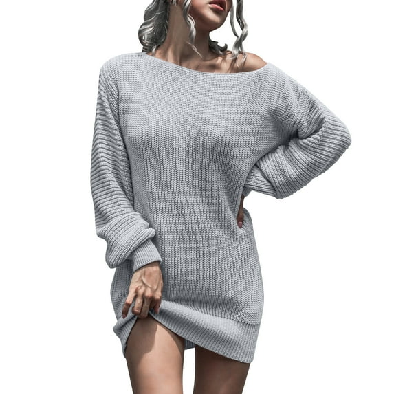 BLVB Women's off the Shoulder Sweater Dress Fall Winter Casual Long Lantern Sleeve Knit Tunic Pullover Mini Dresses