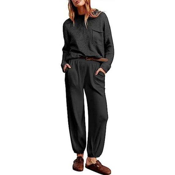BLVB Womens 2 Piece Knit Outfits Casual Crewneck Long Sleeve Sweaters and High Waisted Pants Lounge Sets Tracksuits