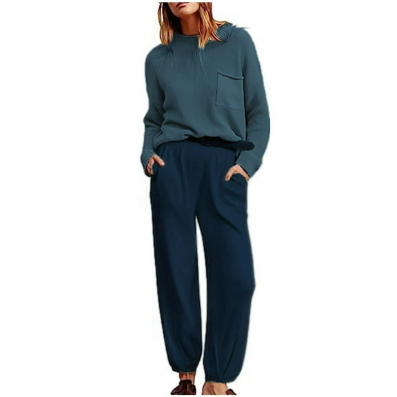 BLVB Womens 2 Piece Knit Outfits Casual Crewneck Long Sleeve Sweaters and High Waisted Pants Lounge Sets Tracksuits