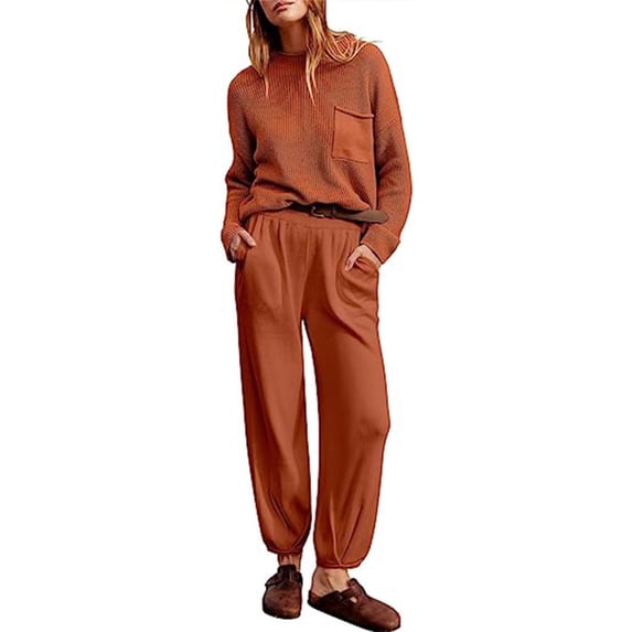BLVB Womens 2 Piece Knit Outfits Casual Crewneck Long Sleeve Sweaters and High Waisted Pants Lounge Sets Tracksuits