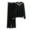 thumbnail image 1 of BLVB Womens 2 Piece Knit Sweater Sets Lapel V Neck Pullover Tops and High Waist Wide Leg Pants Lounge Set Tracksuits, 1 of 4