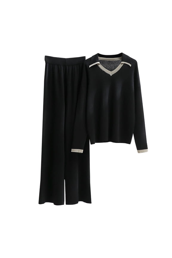 Womens 2 Piece Knit Sweater Sets Lapel V Neck Pullover Tops and High Waist Wide Leg Pants Lounge Set Tracksuits