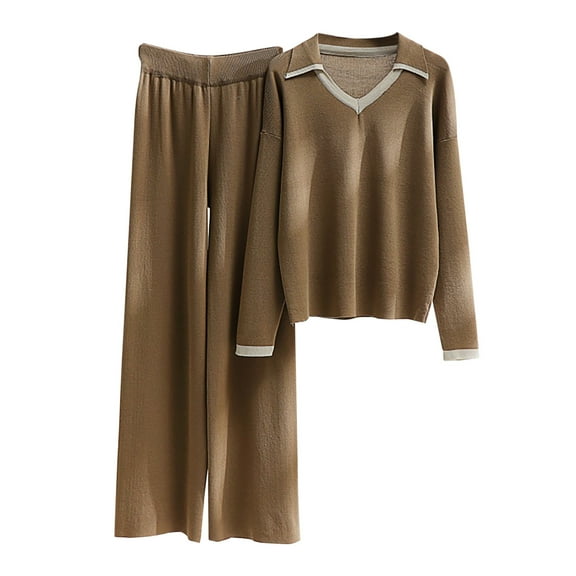BLVB Womens 2 Piece Knit Sweater Sets Lapel V Neck Pullover Tops and High Waist Wide Leg Pants Lounge Set Tracksuits