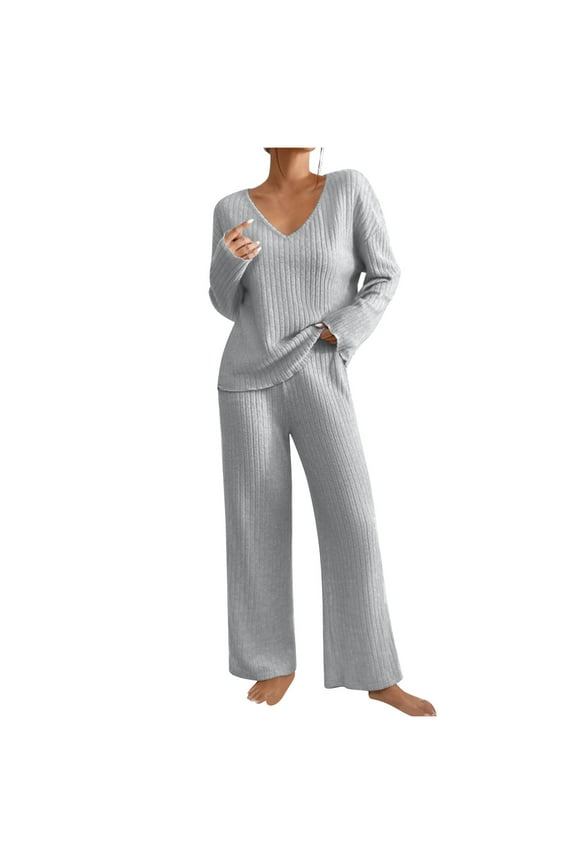 Womens 2 Piece Lounge Sets Ribbed Knit Long Sleeve Pullover Tops Wide Leg Pants Matching Sweater Sets
