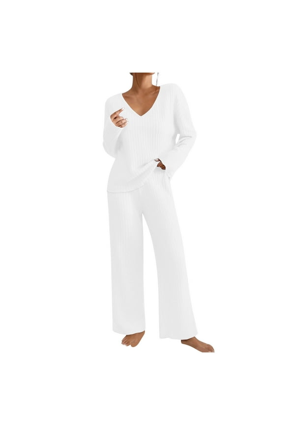 Womens 2 Piece Lounge Sets Ribbed Knit Long Sleeve Pullover Tops Wide Leg Pants Matching Sweater Sets