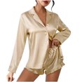 thumbnail image 1 of BLVB Womens 2 Piece Satin Pajama Set Long Sleeve Lounge Sets Button down Shirts and Ruffle Shorts Pjs Soft Sleepwear Set, 1 of 5