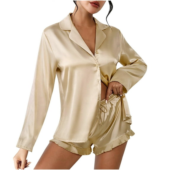 BLVB Womens 2 Piece Satin Pajama Set Long Sleeve Lounge Sets Button down Shirts and Ruffle Shorts Pjs Soft Sleepwear Set