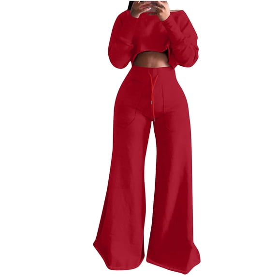 BLVB Womens Fall 2 Piece Outfits Sweatsuits Sets Long Sleeve Crop Tops Sweatshirt Wide Leg Pants Tracksuit