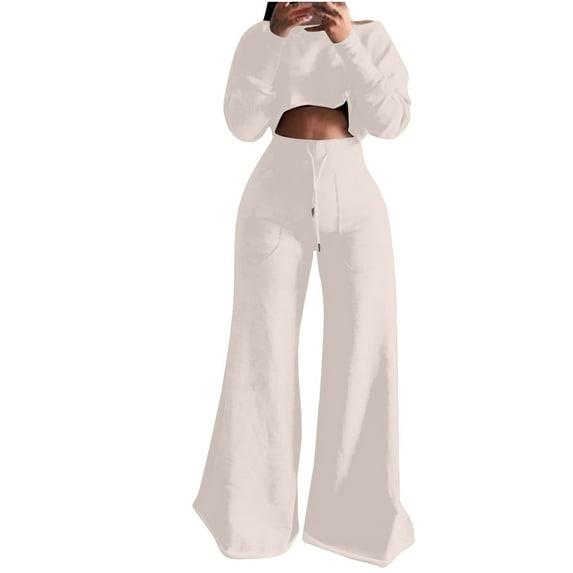 BLVB Womens Fall 2 Piece Outfits Sweatsuits Sets Long Sleeve Crop Tops Sweatshirt Wide Leg Pants Tracksuit