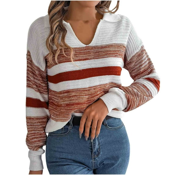 BLVB Womens Fall Sweaters V Neck Long Sleeve Color Block Striped Casual Knit Pullover Sweater Tops for Women