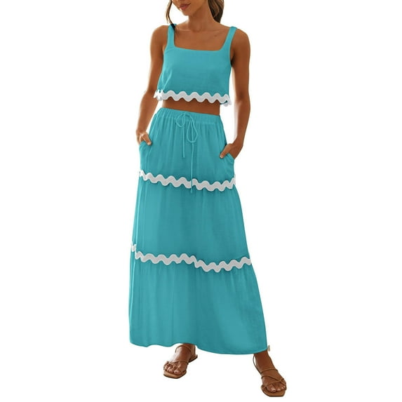 BLVB Womens 2024 Summer Two Piece Vacation Beach Outfits Sleeveless Cropped Tank Tops and Flowy Pockets Long Maxi Skirt Sets