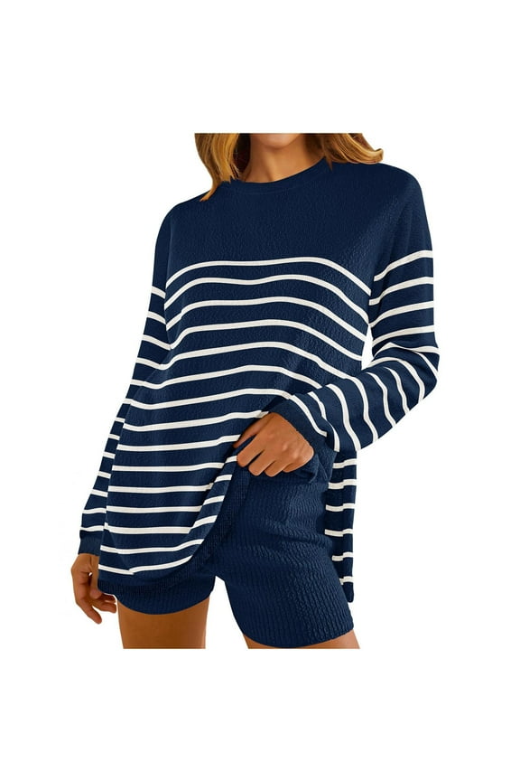 Womens Fall 2 Piece Outfits Sweater Sets Long Sleeve Side Split Knit Pullover Tops and Shorts Lounge Set