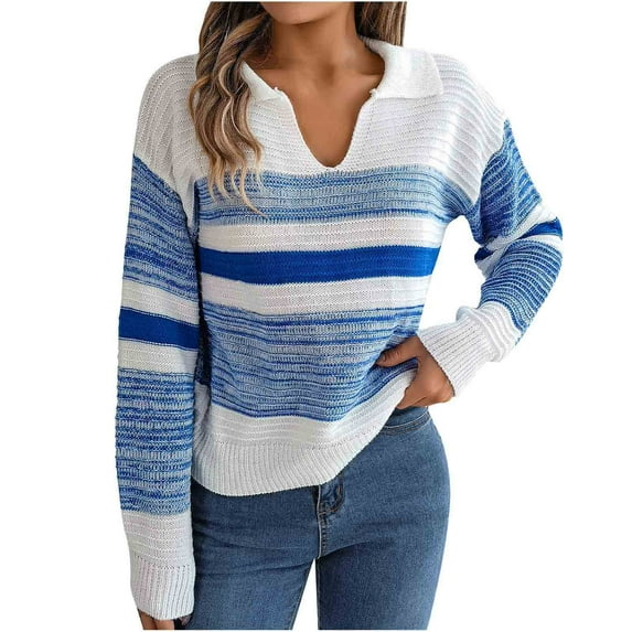 BLVB Womens Fall Sweaters V Neck Long Sleeve Color Block Striped Casual Knit Pullover Sweater Tops for Women
