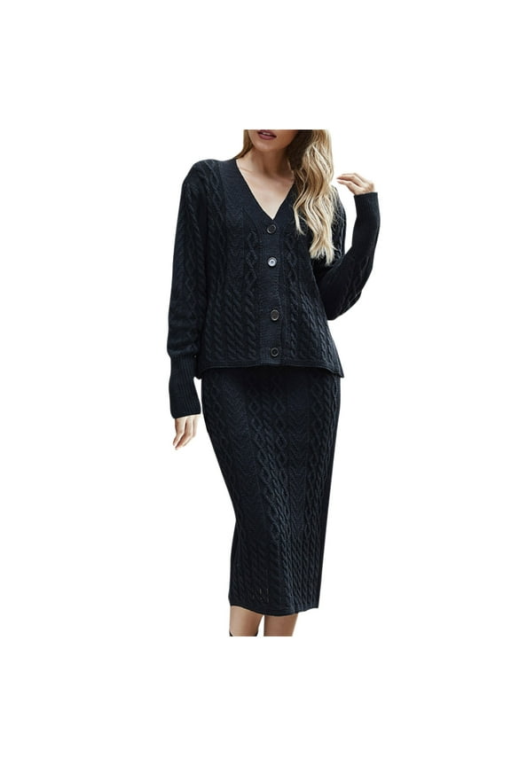 Womens Fall Two Piece Outfits Cable Knit Long Sleeve Button down Open Front Sweaters and Midi Skirt Sets