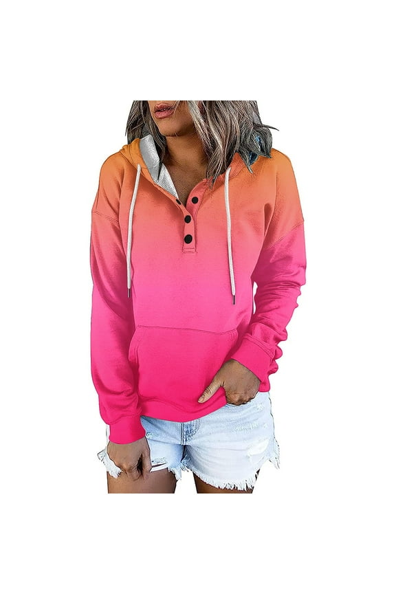 Womens Hooded Button Collar Drawstring Hoodies Pullover Sweatshirts Casual Long Sleeve Lightweight Tops Shirts