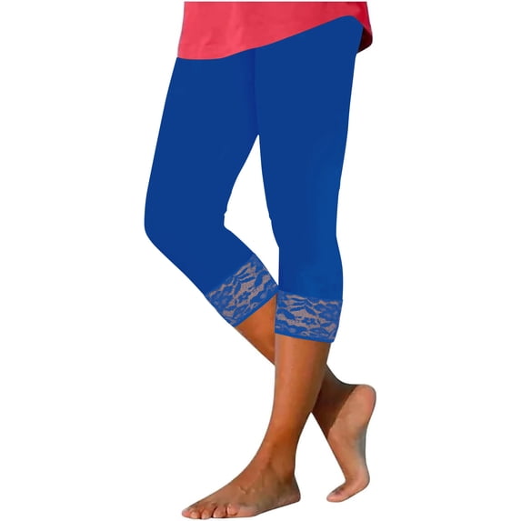 BLVB Womens Summer Capri Leggings Lace Trim Beach Vacation Pants High Waist Stretch Cropped Trousers for Work Casual Workout