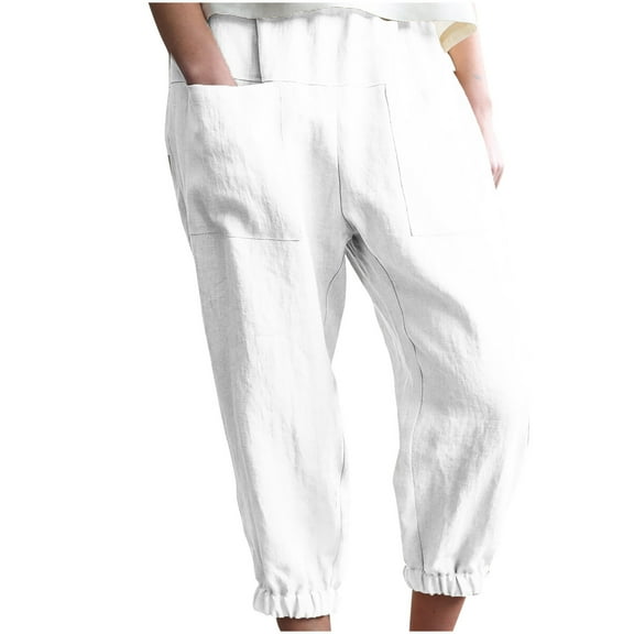 BLVB Womens Summer Cotton Linen Capri Pants Casual Loose Beach Lounge Capris Elastic Waist Pocketed Trousers