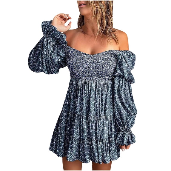 BLVB Womens Summer Fall Dresses Elegant Off The Shoulder V Neck Long Sleeve Ruffle Flowy Mini Skater Dresses