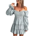 thumbnail image 1 of BLVB Womens Summer Fall Dresses Elegant Off The Shoulder V Neck Long Sleeve Ruffle Flowy Mini Skater Dresses, 1 of 4