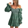thumbnail image 1 of BLVB Womens Summer Fall Dresses Elegant Off The Shoulder V Neck Long Sleeve Ruffle Flowy Mini Skater Dresses, 1 of 4