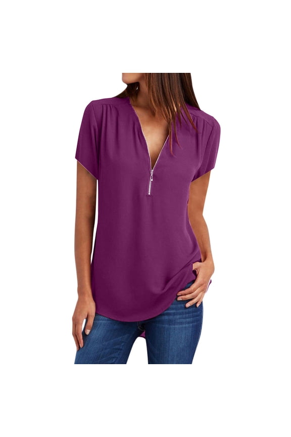 Womens Summer Plus Size Work Tops Zip up V Neck Chiffon Office Blouse Curvy Hem Tunic Tee Shirts