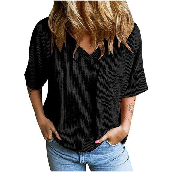 BLVB Womens Summer Spring Tops and Blouse Short Sleeve V Neck Casual Loose Tunic Tee Shirts with Chest Pocket