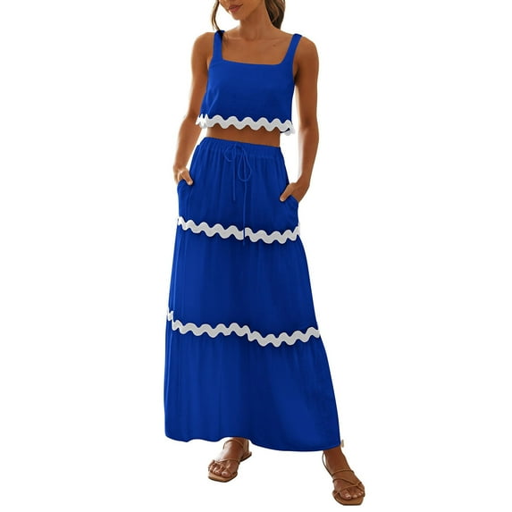 BLVB Womens Summer Two Piece Vacation Beach Outfits Sleeveless Cropped Tank Tops and Flowy Pockets Long Maxi Skirt Sets