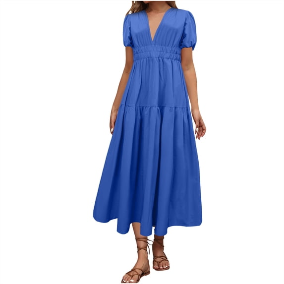 BLVB Womens Summer V Neck Maxi Dresses Spring Casual Puff Short Sleeves Tiered Flowy Beach Sundress