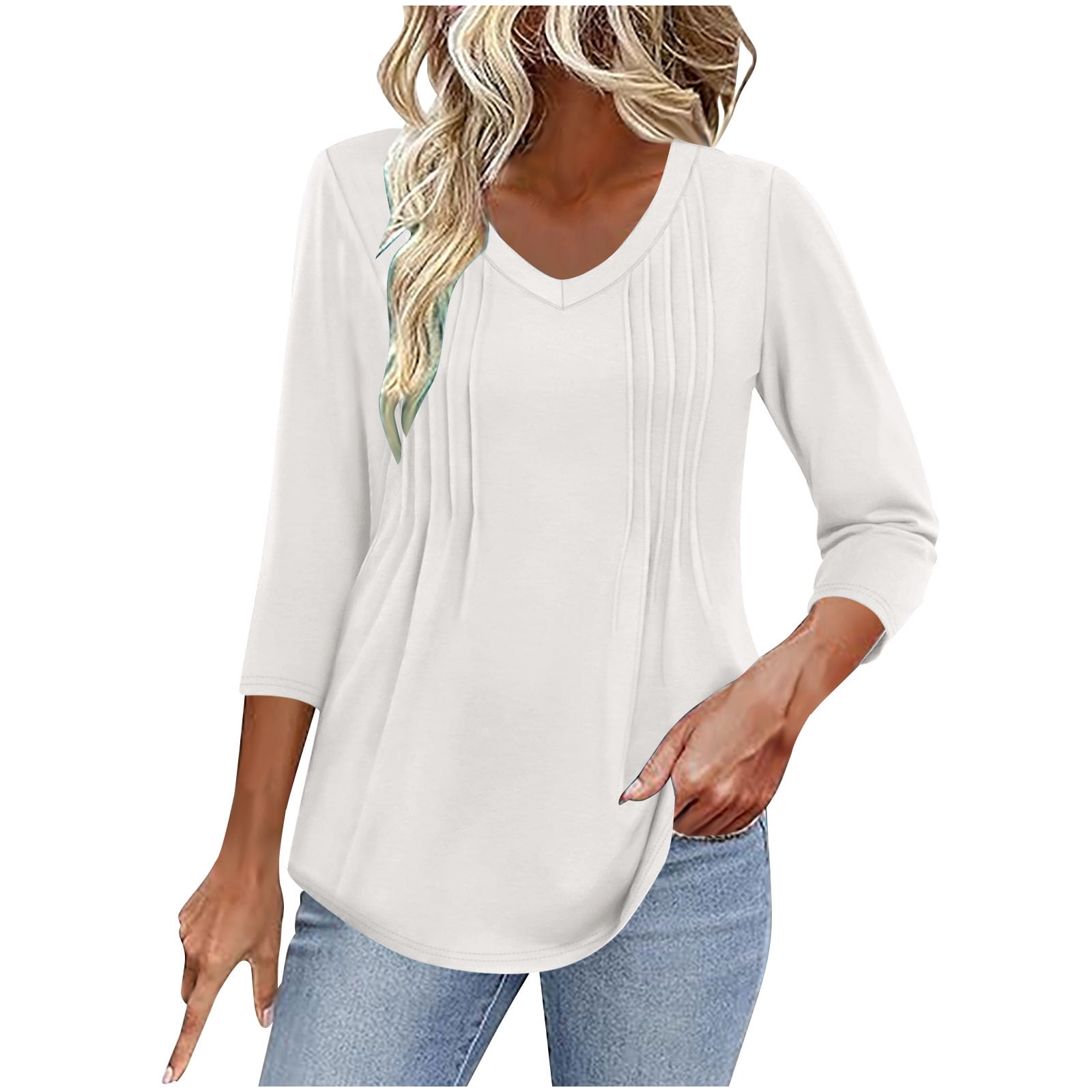 V-Neck Plain 3/4 Sleeve Blouses